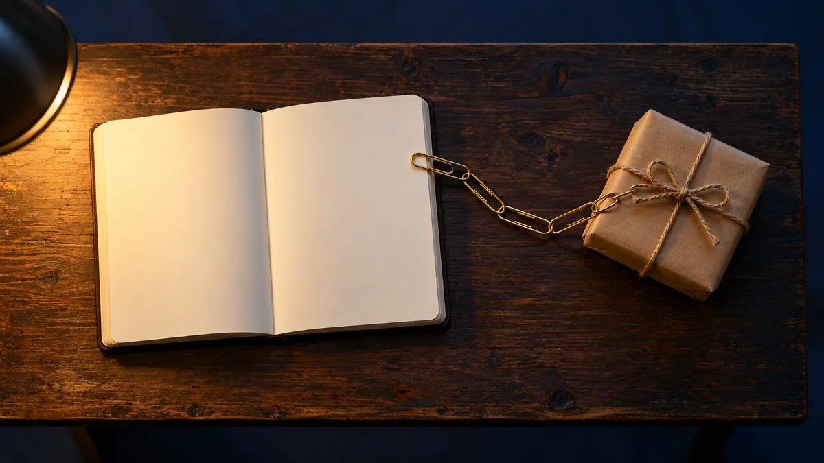 Notizbuch, das über eine Kette aus Büroklammern mit einem kleinen Päckchen verbunden ist, als Bild für die Empfehlung im Affiliate-Marketing.