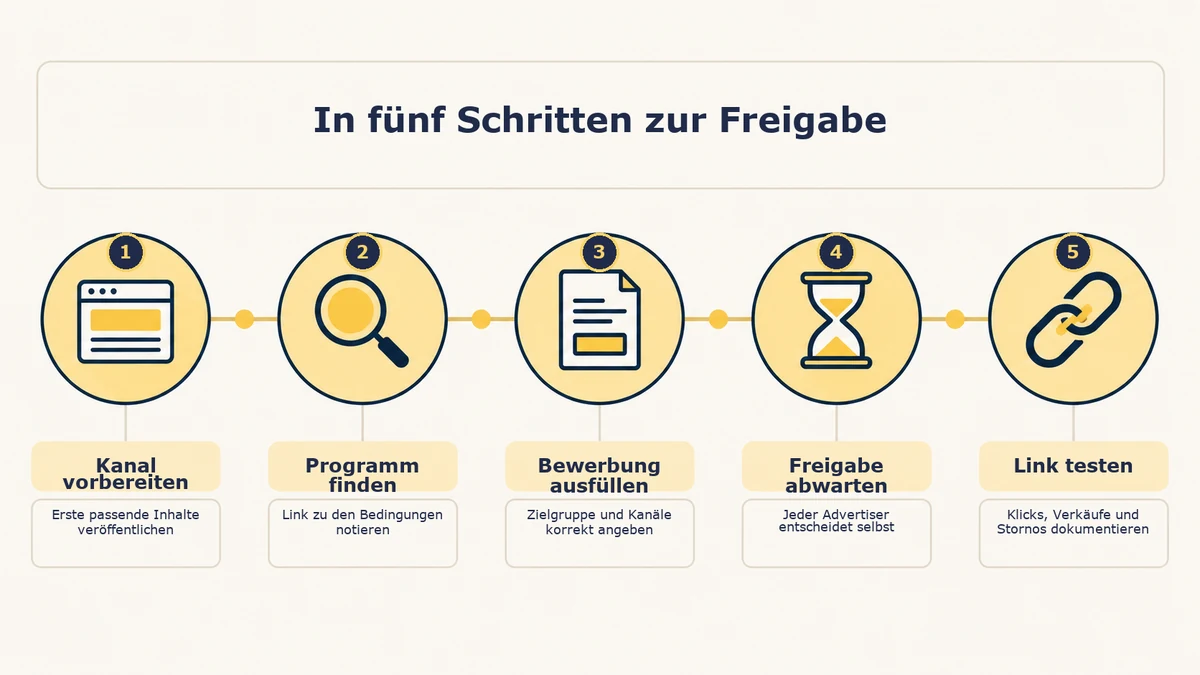 Infografik: In fünf Schritten zur Freigabe bei einem Affiliate-Programm. Kanal vorbereiten und erste passende Inhalte veröffentlichen, Programm finden und den Link zu den Bedingungen notieren, Bewerbung mit Zielgruppe und Kanälen korrekt ausfüllen, Freigabe abwarten, denn jeder Advertiser entscheidet selbst, dann den Link testen und Klicks, Verkäufe und Stornos dokumentieren.