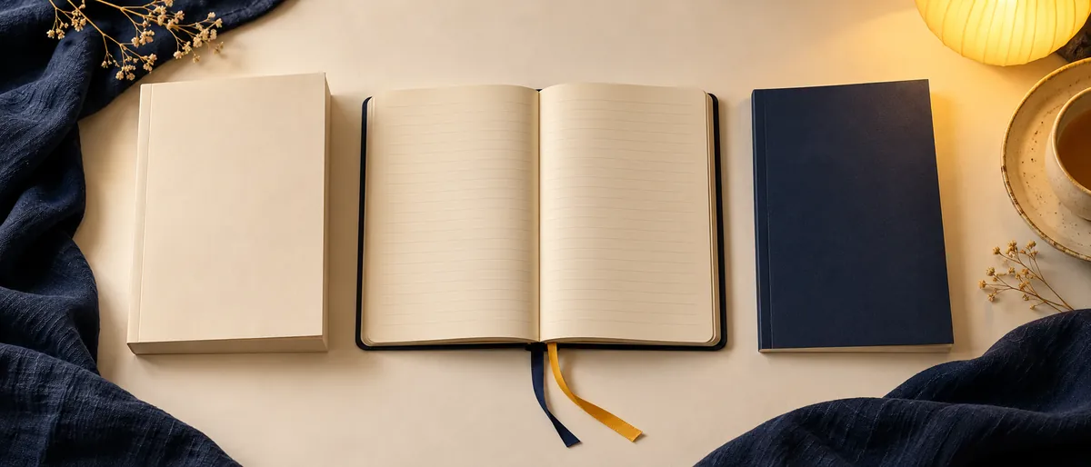 Taschenbuch, leeres Notizbuch und schmaler Gedichtband nebeneinander als Beispiele für Bücher, die über Amazon KDP erscheinen können.