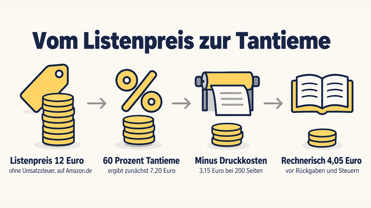 Infografik zum Weg vom Listenpreis zur Tantieme: Bei einem Taschenbuch mit 12 Euro Listenpreis ohne Umsatzsteuer auf Amazon.de ergeben 60 Prozent Tantieme zunächst 7,20 Euro, nach 3,15 Euro Druckkosten für 200 Seiten bleiben rechnerisch 4,05 Euro vor Rückgaben und Steuern.