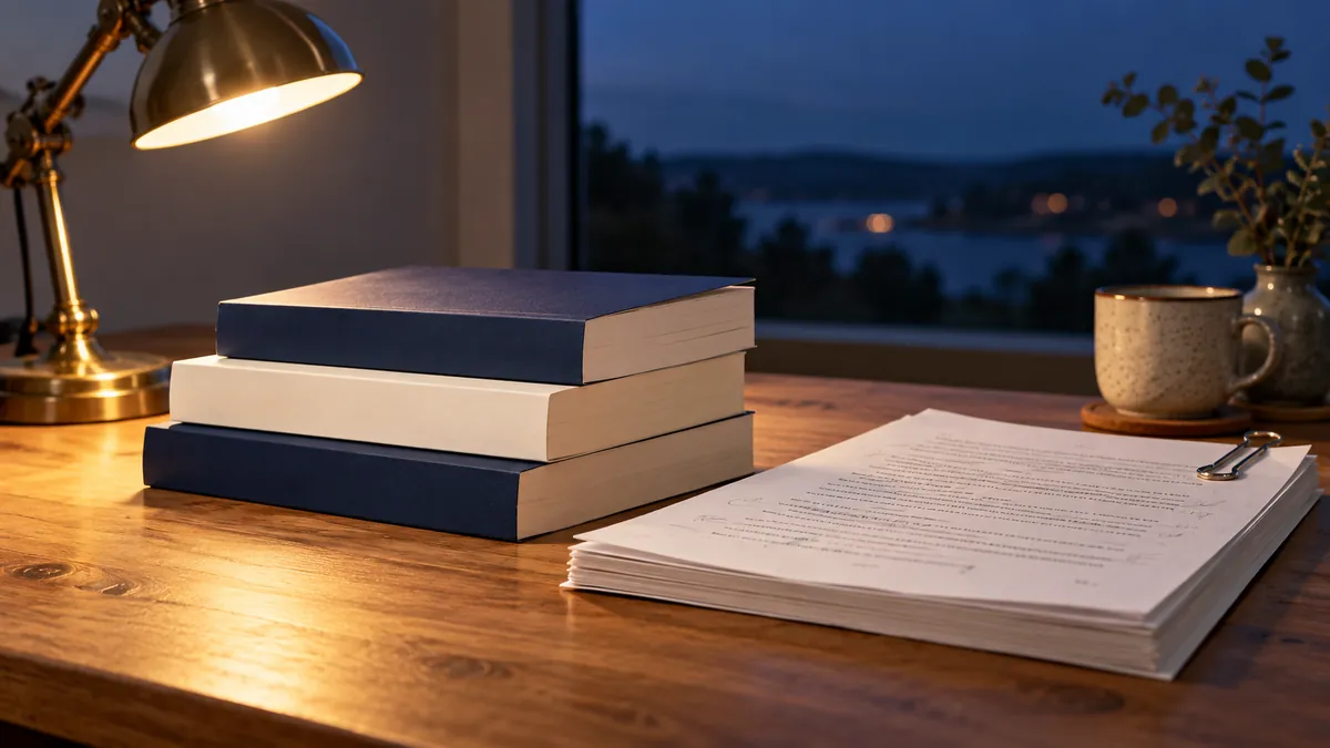 Stapel selbst veröffentlichter Taschenbücher neben einem korrigierten Manuskript auf einem Schreibtisch im Abendlicht.