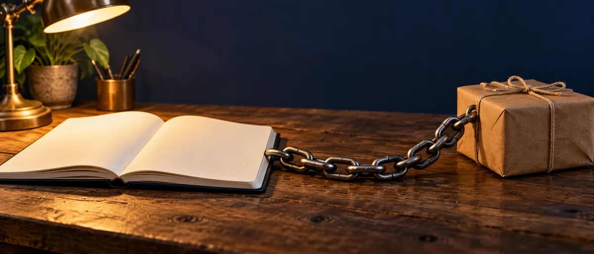 Eine Metallkette verbindet ein Notizbuch mit einem Paket als Bild für den Partnerlink zwischen eigenem Inhalt und Kauf.