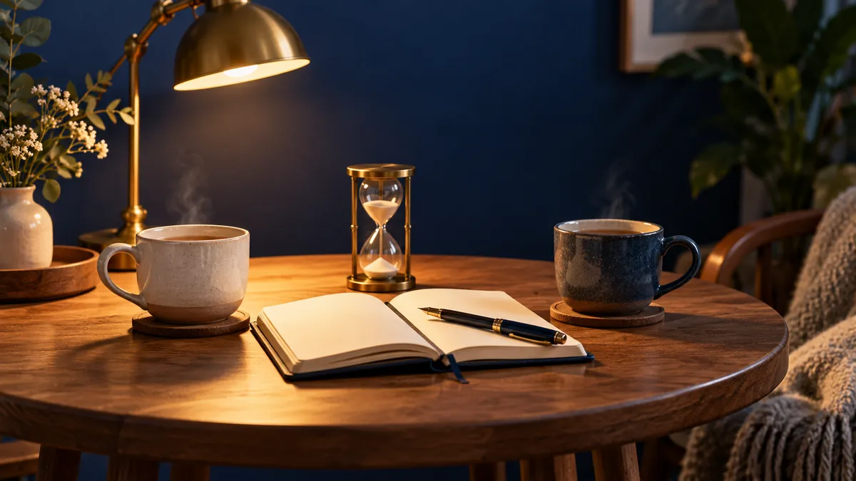 Zwei Teetassen, ein Notizbuch und eine Sanduhr auf einem kleinen Tisch als Sinnbild für ein Coaching-Gespräch.
