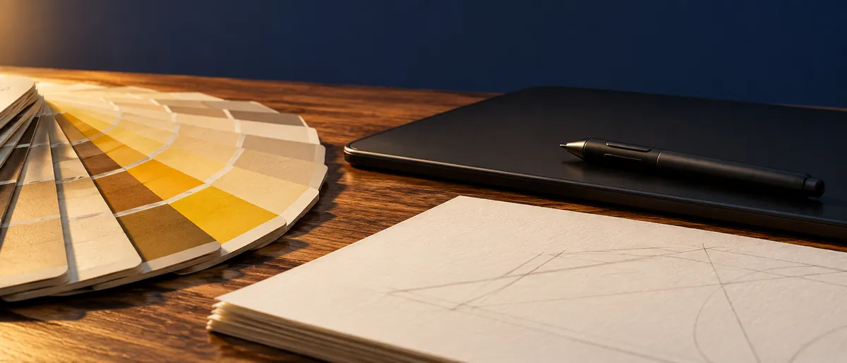 Farbfächer, Zeichenstift auf einem Grafiktablett und Skizzenpapier als Werkzeuge für kreative digitale Produkte wie Presets, Layouts oder Illustrationen.