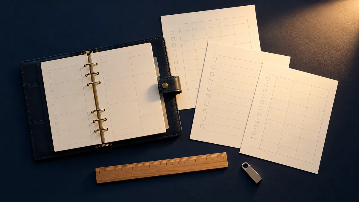 Ausgedruckte Vorlagen, ein Ringplaner und ein Speicherstick auf einem Schreibtisch im Abendlicht als Sinnbild für digitale Produkte.