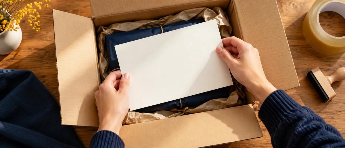 Hände legen einen Lieferschein in einen Versandkarton als Bild dafür, dass du beim Dropshipping als Händler für die Bestellung verantwortlich bleibst.