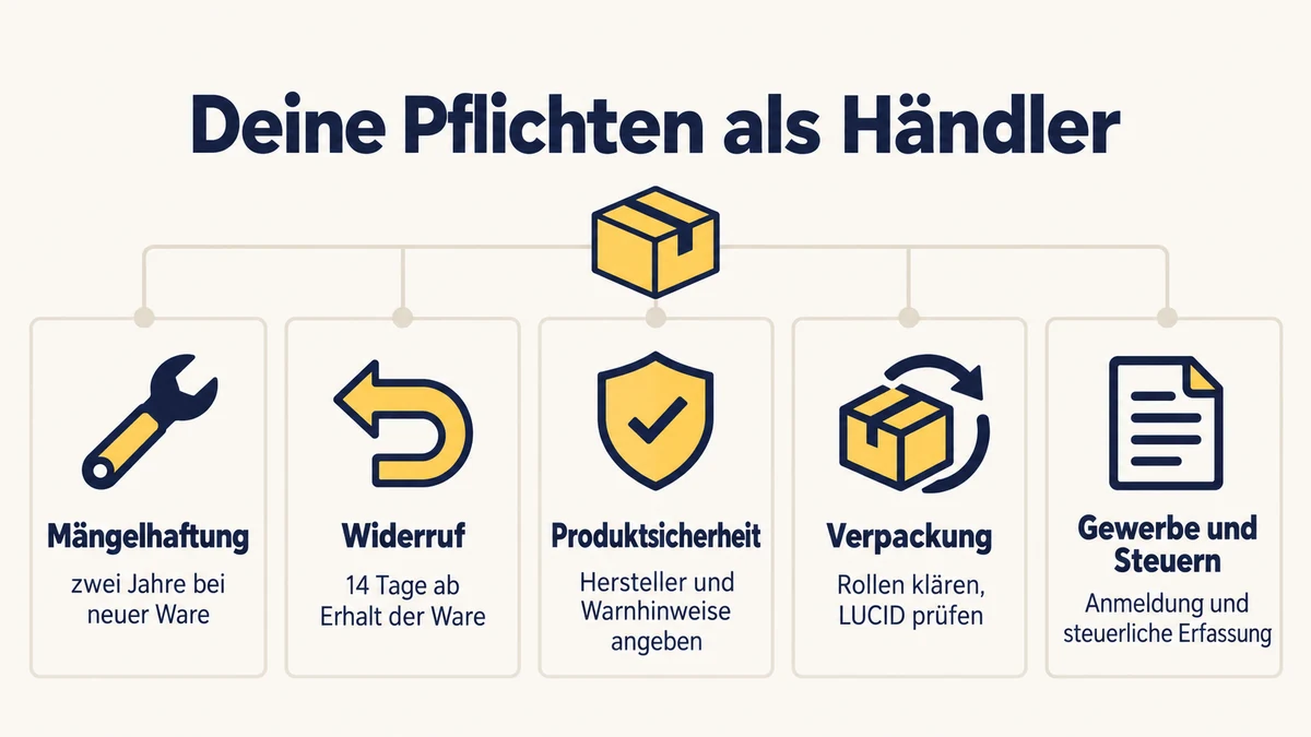 Infografik zu den Pflichten als Dropshipping-Händler: Mängelhaftung zwei Jahre bei neuer Ware, Widerruf 14 Tage ab Erhalt der Ware, Produktsicherheit mit Hersteller- und Warnangaben, Verpackungsrollen klären und LUCID prüfen, Gewerbeanmeldung und steuerliche Erfassung.