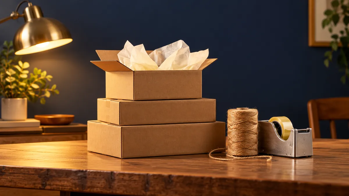 Gestapelte Versandkartons mit Seidenpapier und Paketschnur als Sinnbild für Onlinehandel per Dropshipping.