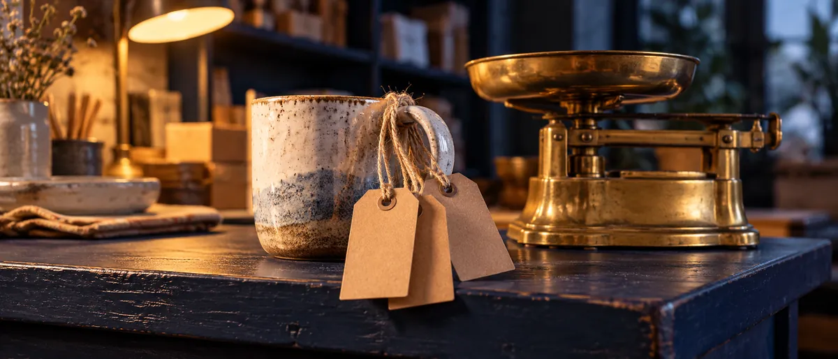 Leere Preisanhänger an einem Keramikbecher neben einer Briefwaage stehen für die einzelnen Gebühren pro Etsy-Verkauf.