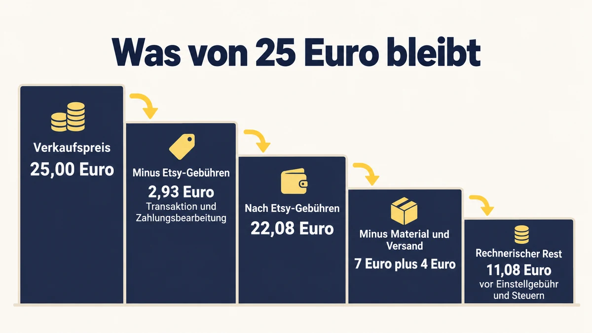 Infografik: Was von 25 Euro bleibt. Vom Verkaufspreis von 25,00 Euro gehen 2,93 Euro für Transaktion und Zahlungsbearbeitung ab, es bleiben 22,08 Euro. Nach 7 Euro für Material und Verpackung und 4 Euro Versand bleiben rechnerisch 11,08 Euro vor Einstellgebühr und Steuern.