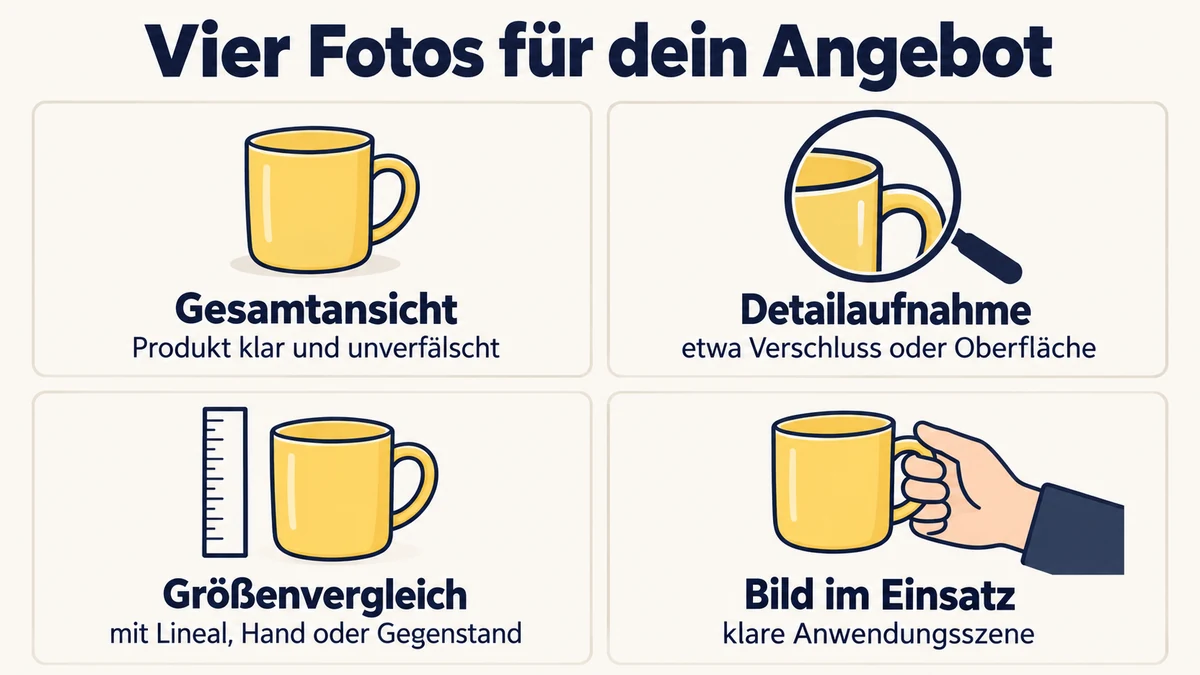 Infografik zu vier Fotos für ein Etsy-Angebot: eine Gesamtansicht, die das Produkt klar und unverfälscht zeigt, eine Detailaufnahme etwa von Verschluss oder Oberfläche, ein Größenvergleich mit Lineal, Hand oder Gegenstand und ein Bild im Einsatz.