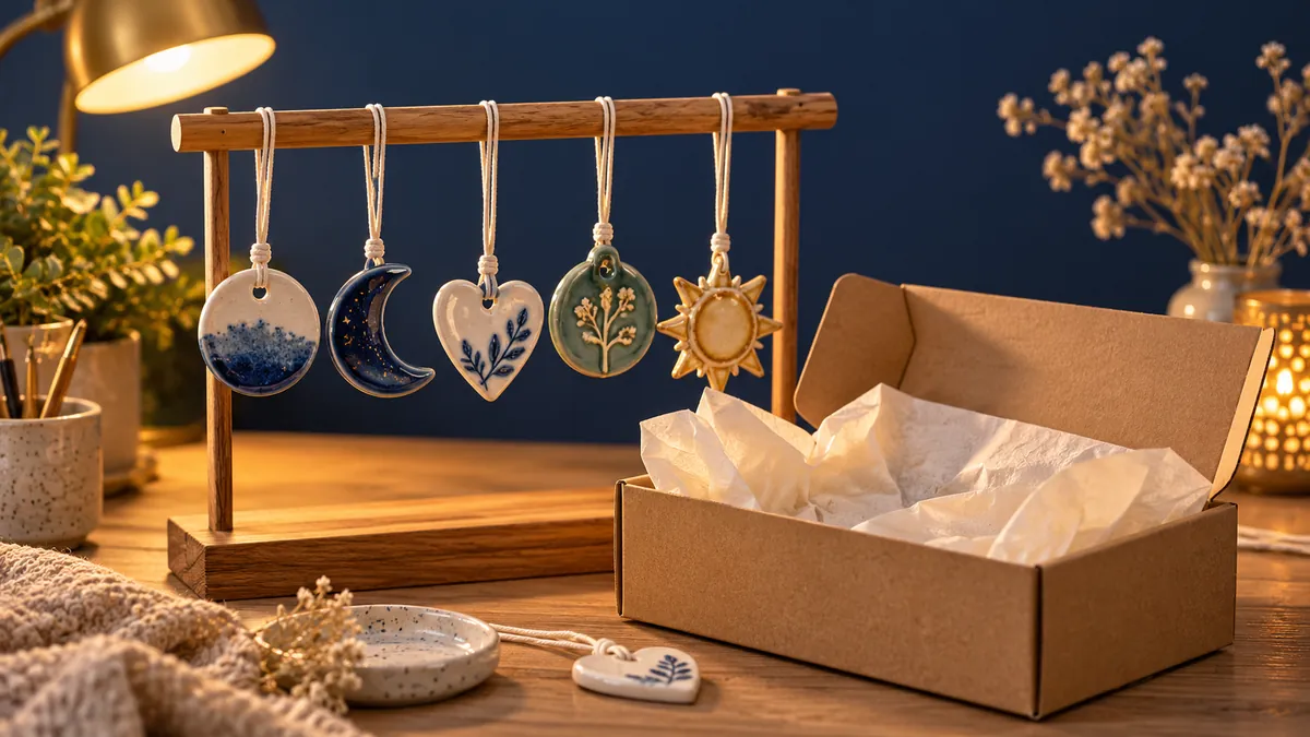 Handgemachte Keramikanhänger an Baumwollbändern neben einem offenen Versandkarton als Sinnbild für einen kleinen Etsy-Shop.