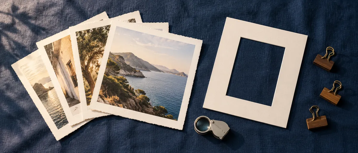 Fotoabzüge, Passepartout und Fadenzähler als Bild für die verschiedenen Wege, Fotos als Druck oder Lizenz zu verkaufen.