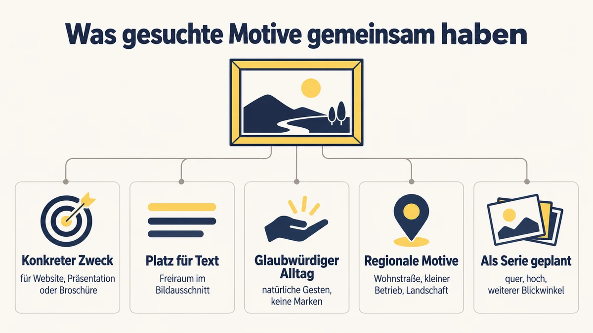 Infografik zu gesuchten Stockmotiven: konkreter Zweck für Website, Präsentation oder Broschüre, Platz für Text, glaubwürdiger Alltag mit natürlichen Gesten und ohne Marken, regionale Motive wie Wohnstraße, kleiner Betrieb oder Landschaft, als Serie im Quer- und Hochformat geplant.