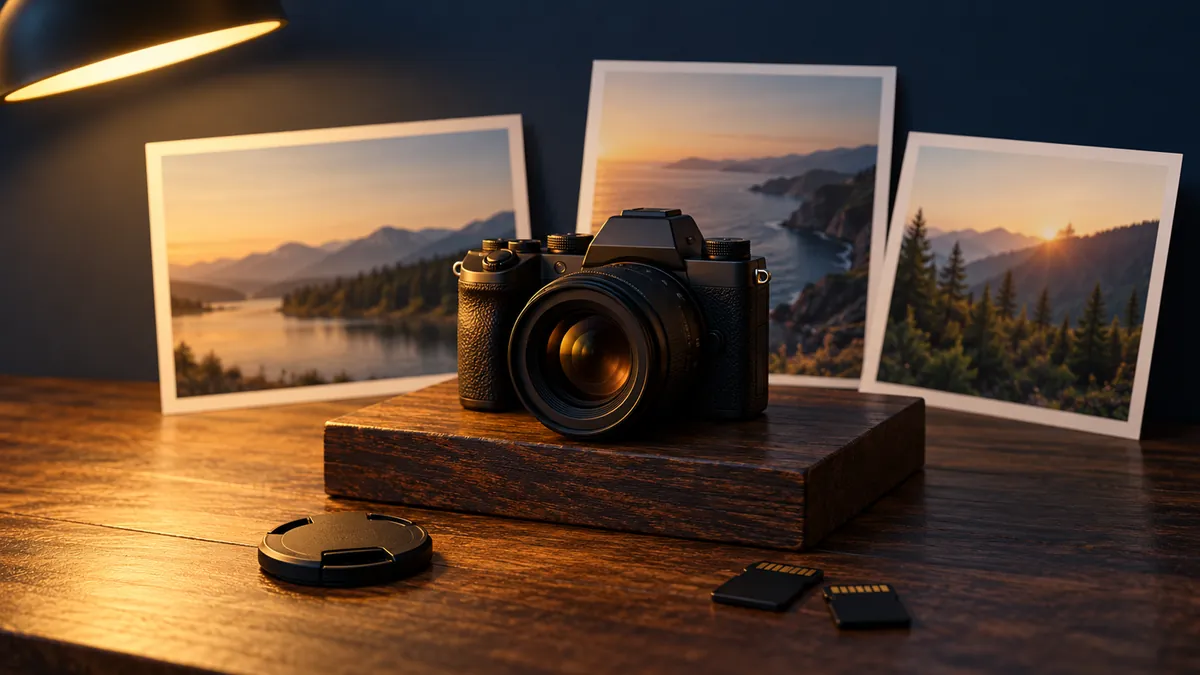 Kamera vor angelehnten Fotoabzügen als Sinnbild für den Verkauf eigener Fotos neben dem Job.