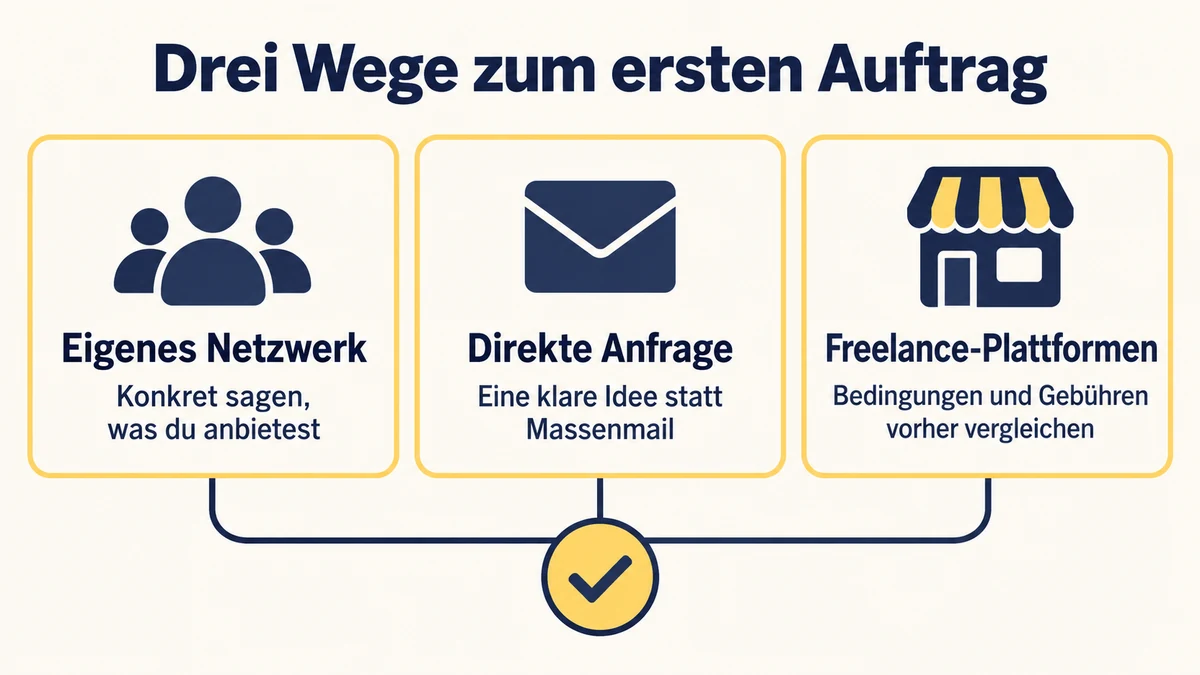 Infografik: Drei Wege zum ersten Auftrag als Freelancer. Im eigenen Netzwerk konkret sagen, was du anbietest, bei direkten Anfragen eine klare Idee statt einer Massenmail schicken und bei Freelance-Plattformen Bedingungen und Gebühren vorher vergleichen.