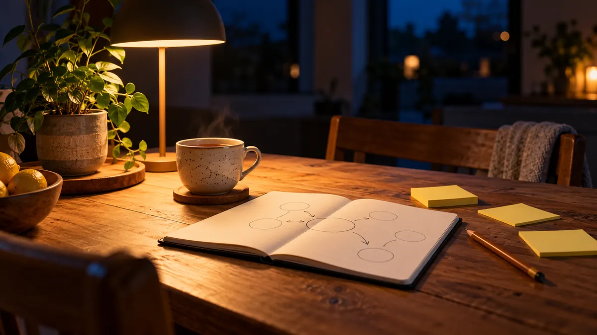Notizbuch mit Skizzen, Tee und Haftnotizen auf einem Küchentisch am Abend, wo neben dem Job eine Geschäftsidee entsteht.