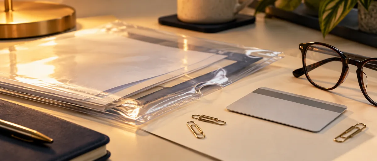 Dokumentenhülle mit Unterlagen, umgedrehte Ausweiskarte und Lesebrille als Vorbereitung der Unterlagen für die Gewerbeanmeldung.