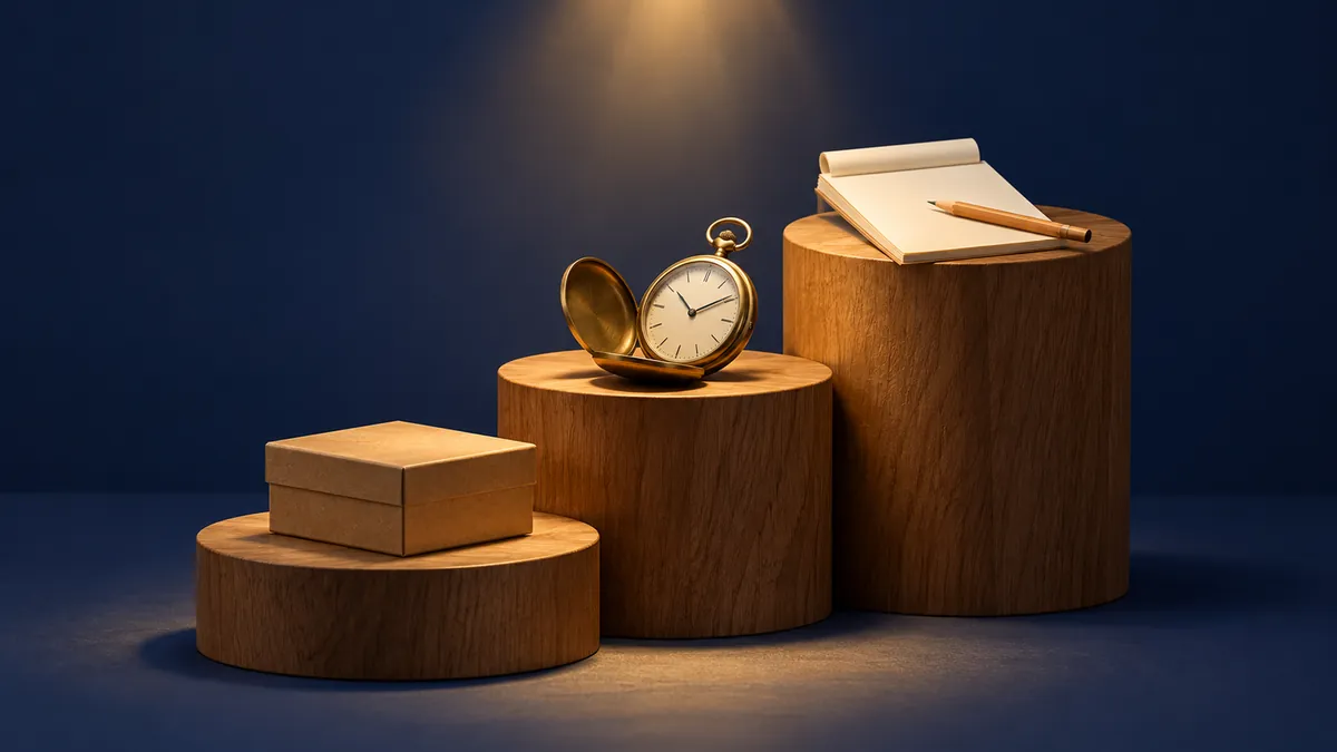 Schachtel, Taschenuhr und Quittungsblock auf drei Podesten als Sinnbild für die drei Begriffe Kleingewerbe, Nebengewerbe und Kleinunternehmer.