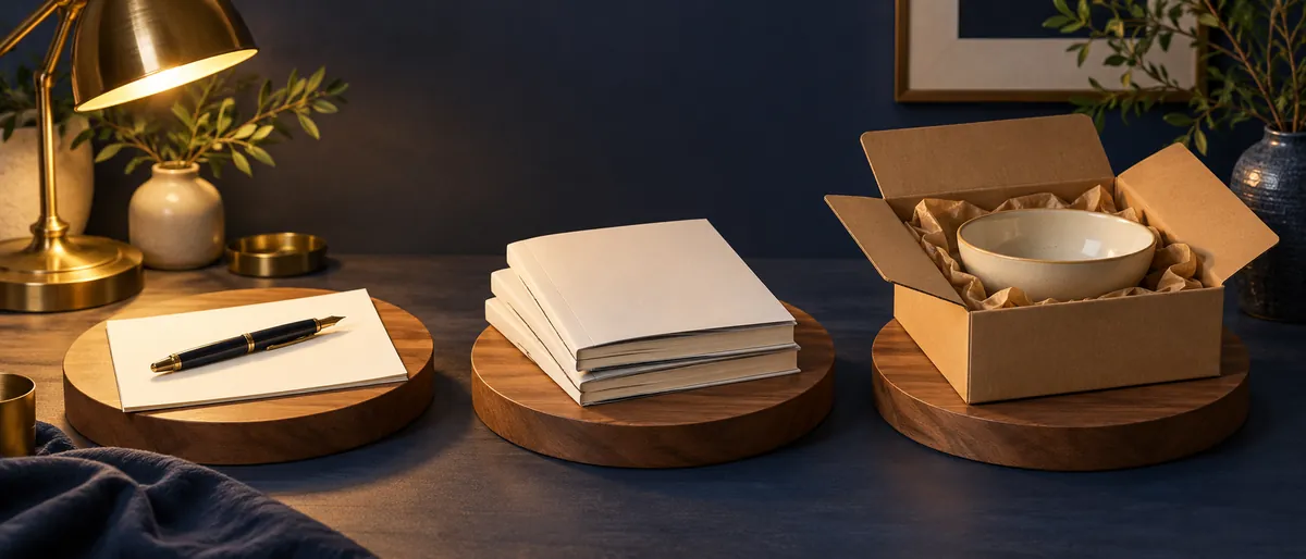 Drei Podeste mit Füller, Vorlagenheften und Versandkarton stehen für Dienstleistung, digitale Produkte und Shop als Online-Business-Modelle.