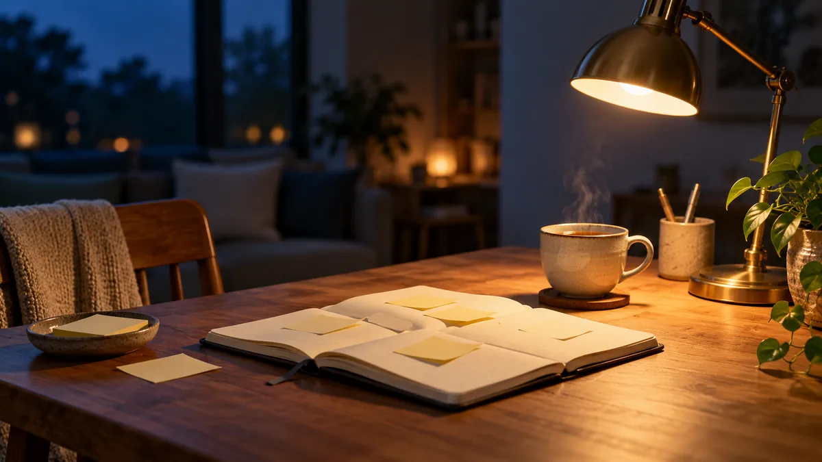 Ein Notizbuch mit Haftnotizen und eine Tasse Tee auf einem Küchentisch im Lampenlicht als Sinnbild für ein Online-Business, das nach Feierabend entsteht.