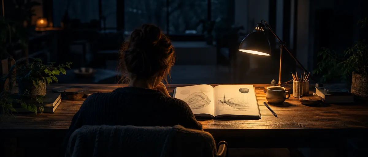 Person in Rückenansicht am abendlichen Schreibtisch mit Notizbuch und Lampe als Sinnbild für die Arbeit an einem Onlinekurs neben dem Job.