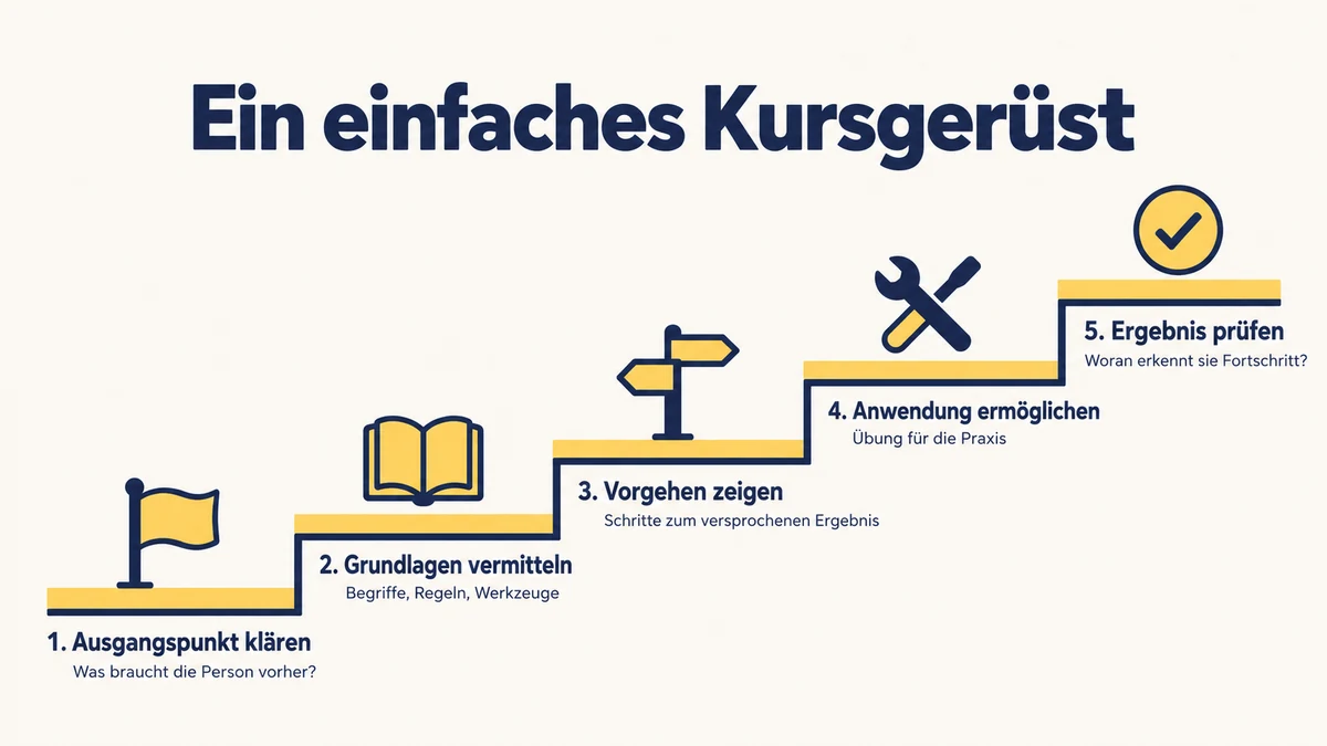 Infografik zu einem einfachen Kursgerüst in fünf Stufen: Ausgangspunkt klären, Grundlagen wie Begriffe, Regeln und Werkzeuge vermitteln, das Vorgehen zum versprochenen Ergebnis zeigen, Anwendung mit einer Übung für die Praxis ermöglichen und das Ergebnis prüfen.