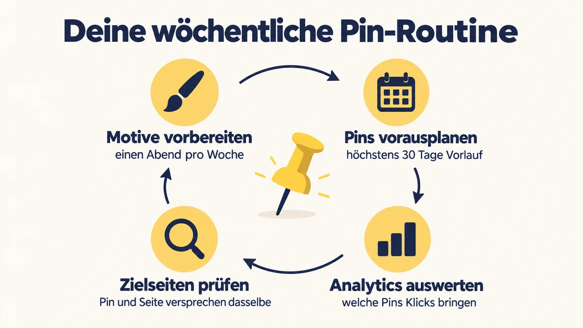 Infografik zur wöchentlichen Pin-Routine als Kreislauf: Motive an einem Abend pro Woche vorbereiten, Pins mit höchstens 30 Tagen Vorlauf planen, in Analytics prüfen, welche Pins Klicks bringen, und Zielseiten auf das Versprechen des Pins kontrollieren.