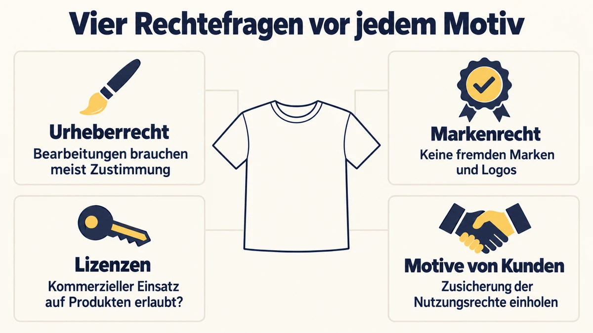 Die Infografik zeigt vier Rechtefragen vor jedem Motiv: beim Urheberrecht brauchen Bearbeitungen meist Zustimmung, beim Markenrecht keine fremden Marken und Logos, bei Lizenzen muss der kommerzielle Einsatz auf Produkten erlaubt sein und bei Motiven von Kunden holst du die Zusicherung der Nutzungsrechte ein.