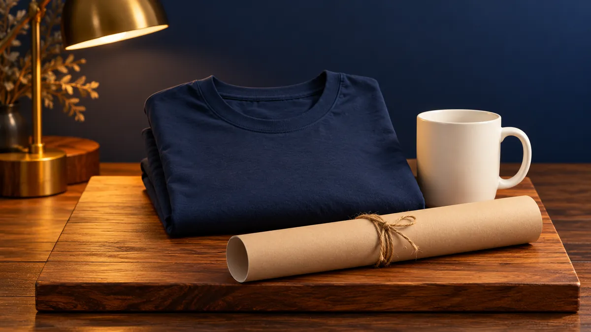 Gefaltetes T-Shirt, Tasse und gerolltes Poster als typische Produkte für Print on Demand.