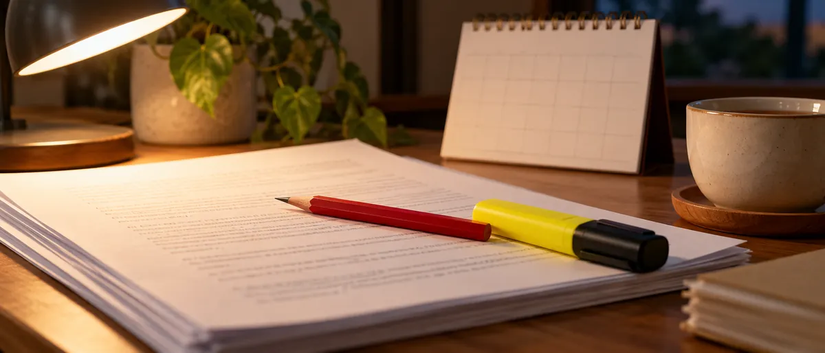 Rotstift und Textmarker auf Korrekturblättern neben einem Kalenderblock als Sinnbild für Dienstleistungen wie Korrektorat oder virtuelle Assistenz.