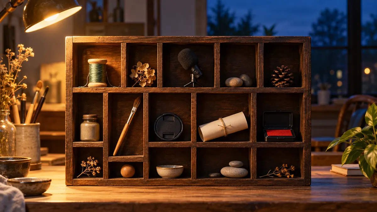 Holzsetzkasten mit Garnrolle, Pinsel, kleinem Mikrofon und weiteren Gegenständen als Sinnbild für verschiedene Ideen, sich neben dem Job selbstständig zu machen.