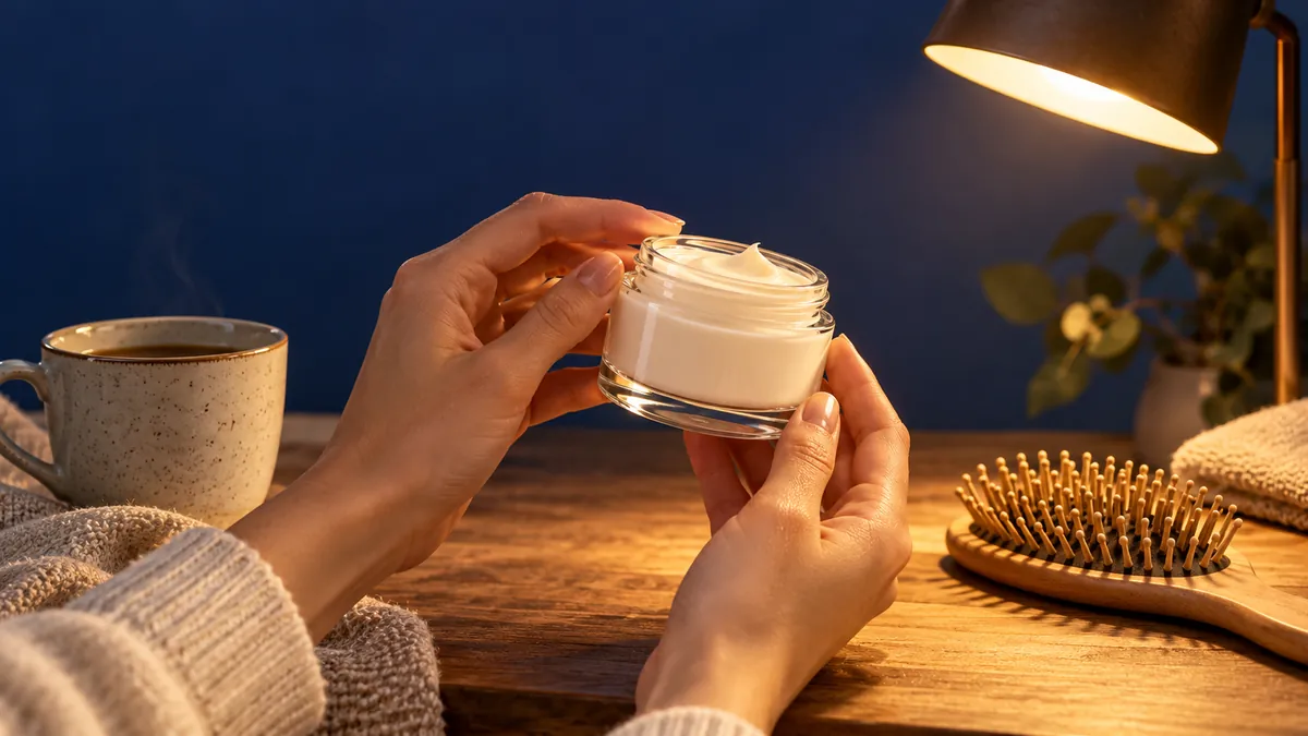 Hände halten einen Glastiegel ins Lampenlicht, davor Alltagsprodukte, als Sinnbild für Produktvideos von UGC-Creatorn.
